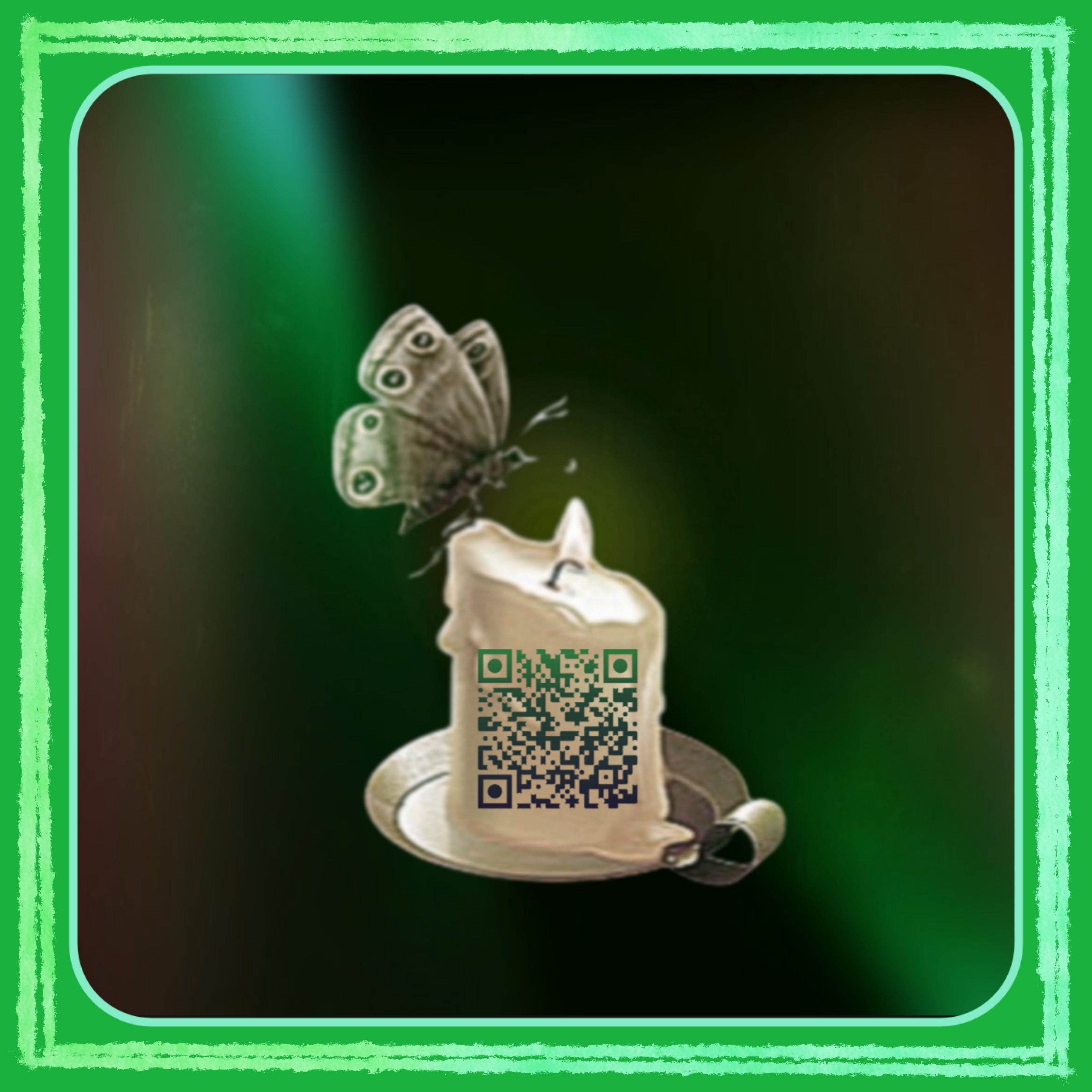 QR-encoded glyph for Our Hall of Mirrors: a moth and candle with diagonal light beam and embedded QR code