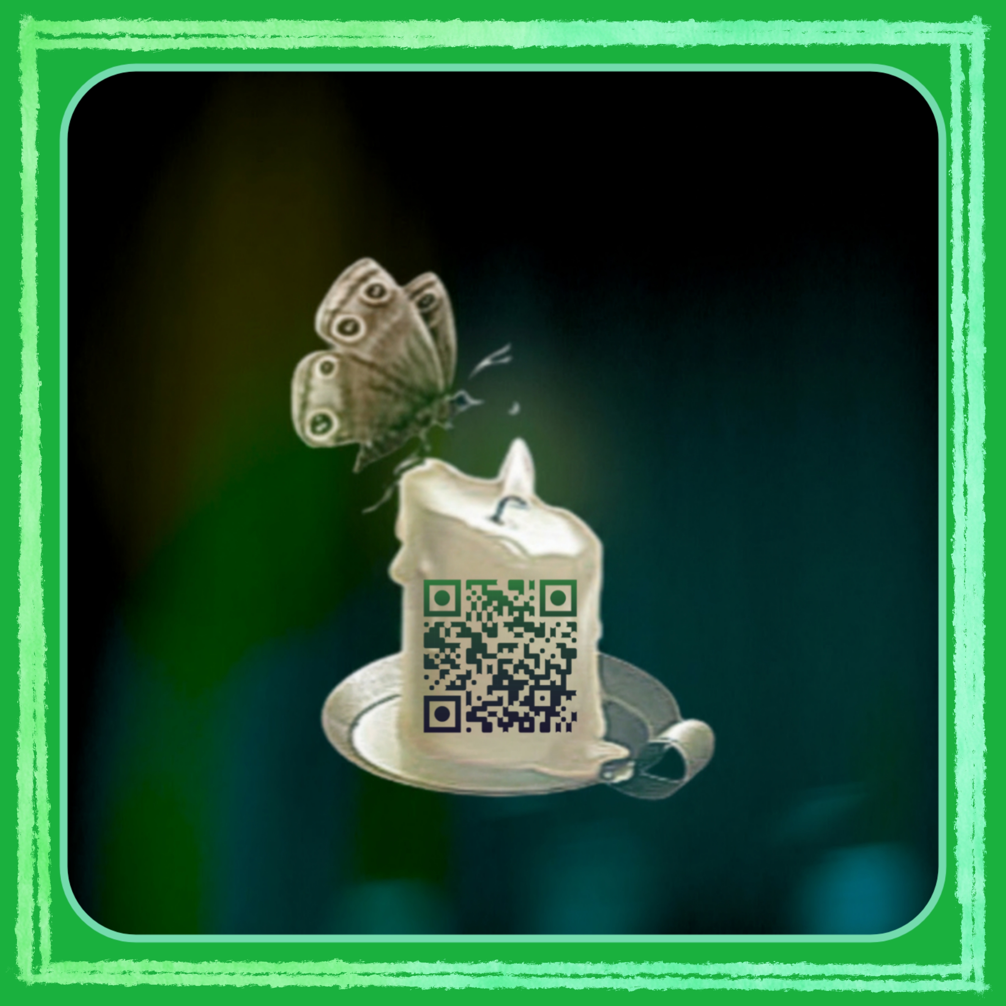 QR-encoded glyph for Your Moth, My Flame: a moth and candle with embedded QR code